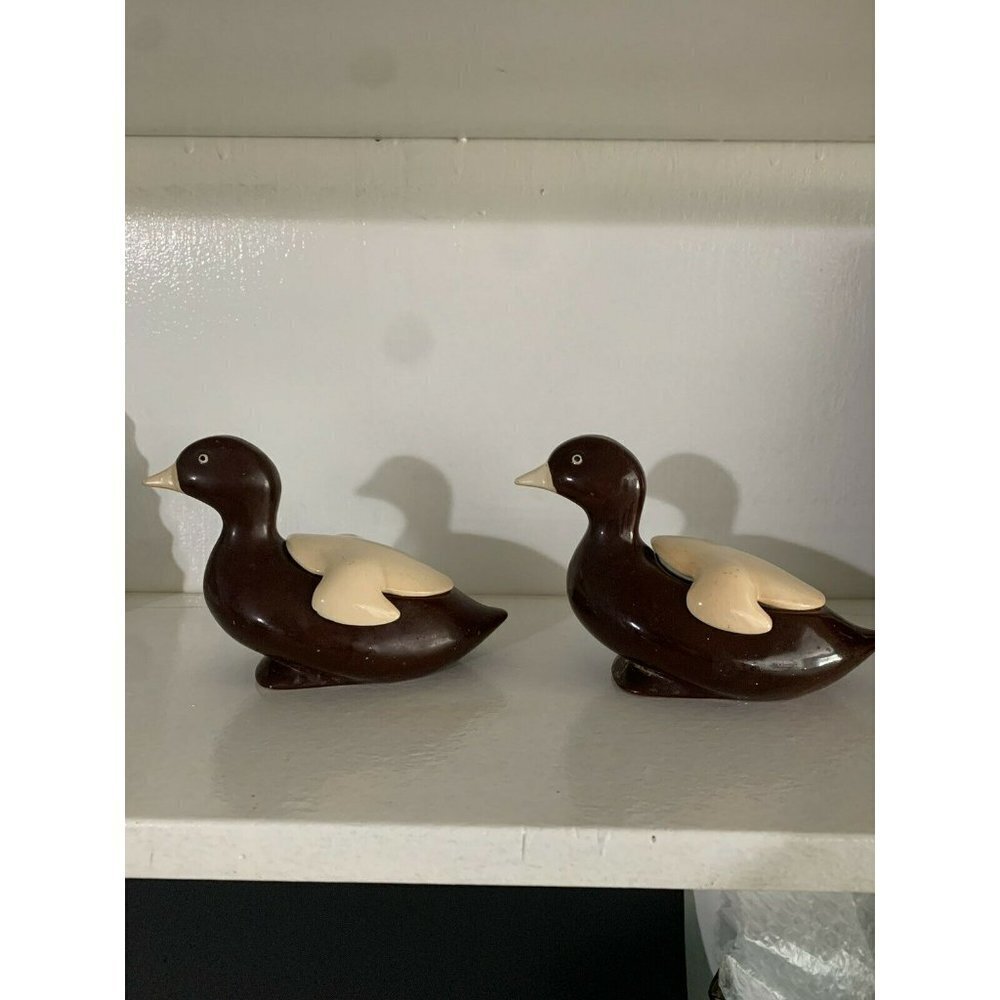 VINTAGE CZECH POTTERY DUCKS, set of two covered trinket dishes, As Is
